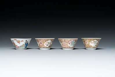 Een Chinese famille rose theepot, vier koppen en drie schotels, Yongzheng