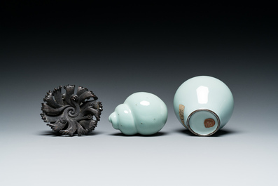 A Chinese celadon-glazed water pot on wooden stand and a small 'hu' vase, 19/20th C.