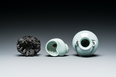 A Chinese celadon-glazed water pot on wooden stand and a small 'hu' vase, 19/20th C.