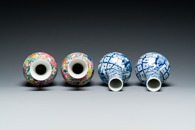 Twee paar Chinese blauw-witte en famille rose vazen, 19/20e eeuw
