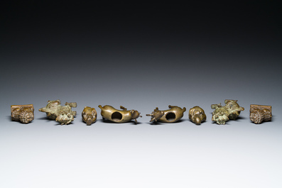 Une paire de br&ucirc;le-parfums en bronze incrust&eacute; d'argent et de cuivre, une paire de lions bouddhistes et une paire de qilins en bronze, Chine, 19/20&egrave;me