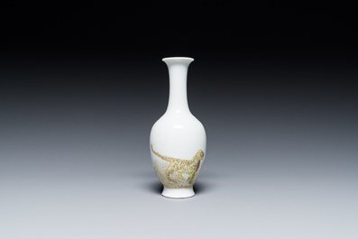 A Chinese famille rose vase with a man next to a leopard, Qianlong mark, Republic