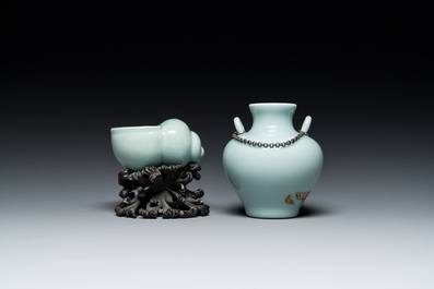 A Chinese celadon-glazed water pot on wooden stand and a small 'hu' vase, 19/20th C.