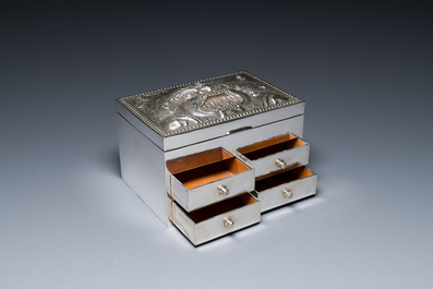 A Thai silver jewelry case in its original box inscribed 'School for Arts &amp; Crafts, Bangkok, Siam', early 20th C.