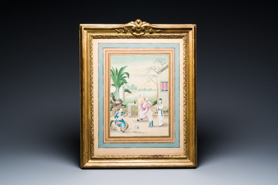 Canton school, China: 'Musicians in a garden' and 'Feeding the pheasant', ink and colours on paper, 1st half 19th C.