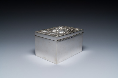 A Thai silver jewelry case in its original box inscribed 'School for Arts &amp; Crafts, Bangkok, Siam', early 20th C.