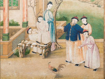 Canton school, China: 'Musicians in a garden' and 'Feeding the pheasant', ink and colours on paper, 1st half 19th C.