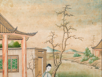 Canton school, China: 'Musicians in a garden' and 'Feeding the pheasant', ink and colours on paper, 1st half 19th C.