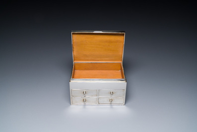 A Thai silver jewelry case in its original box inscribed 'School for Arts &amp; Crafts, Bangkok, Siam', early 20th C.