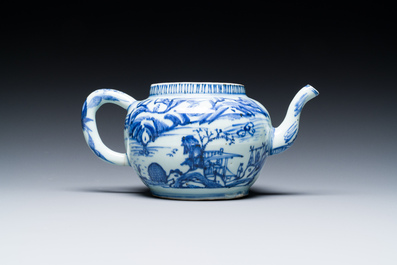 A Chinese blue and white teapot with a mountainous landscape, Transitional period