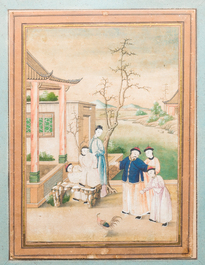 Canton school, China: 'Musicians in a garden' and 'Feeding the pheasant', ink and colours on paper, 1st half 19th C.