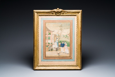 Canton school, China: 'Musicians in a garden' and 'Feeding the pheasant', ink and colours on paper, 1st half 19th C.