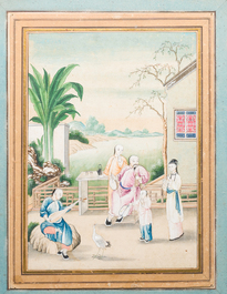 Canton school, China: 'Musicians in a garden' and 'Feeding the pheasant', ink and colours on paper, 1st half 19th C.