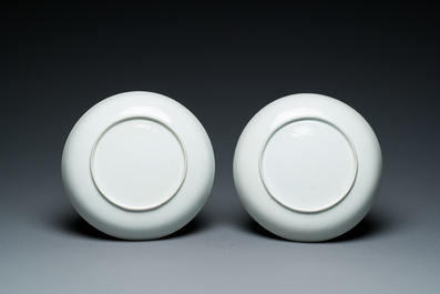 A pair of Chinese eggshell Pronk studio 'parrot and spaniel' plates, Yongzheng/Qianlong