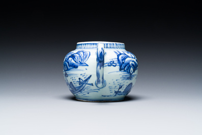 A Chinese blue and white teapot with a mountainous landscape, Transitional period