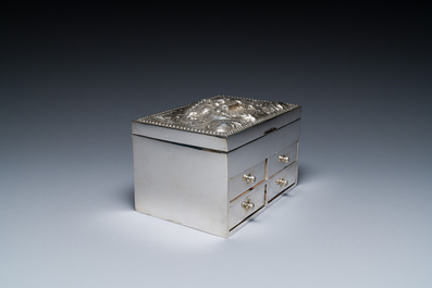 A Thai silver jewelry case in its original box inscribed 'School for Arts &amp; Crafts, Bangkok, Siam', early 20th C.