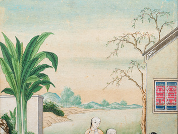 Canton school, China: 'Musicians in a garden' and 'Feeding the pheasant', ink and colours on paper, 1st half 19th C.