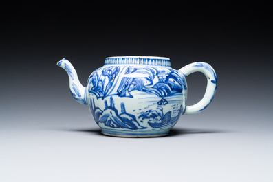 A Chinese blue and white teapot with a mountainous landscape, Transitional period