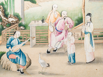 Canton school, China: 'Musicians in a garden' and 'Feeding the pheasant', ink and colours on paper, 1st half 19th C.