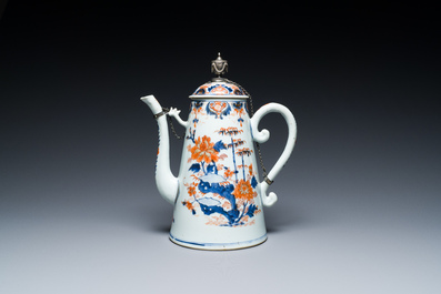 A Chinese silver-mounted Imari-style 'lighthouse' coffee pot and cover, Qianlong