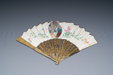 &Eacute;ventail en argent filigrane dor&eacute; &agrave; sujet romantique en aquarelle sur papier, Canton, Chine, 18/19&egrave;me