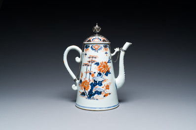A Chinese silver-mounted Imari-style 'lighthouse' coffee pot and cover, Qianlong