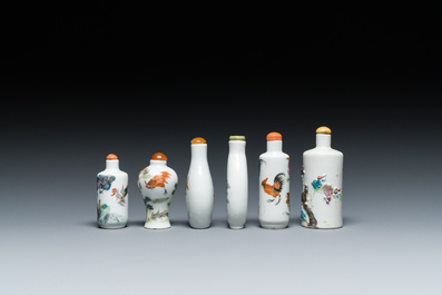 Six Chinese famille rose and iron-red snuff bottles, 18/19th C.