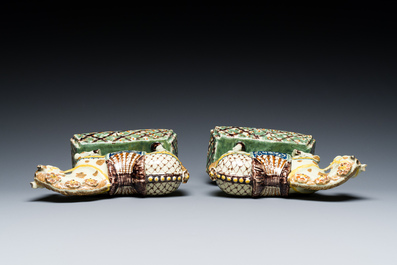 A pair of polychrome Dutch Delft standing horses, 18th C.