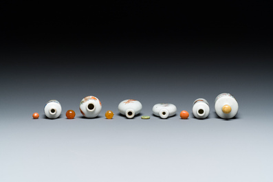 Six Chinese famille rose and iron-red snuff bottles, 18/19th C.