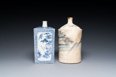 A Japanese blue and white Arita square flask and a Tangen-style bottle, 'tokkuri', Edo, 18/19th C.