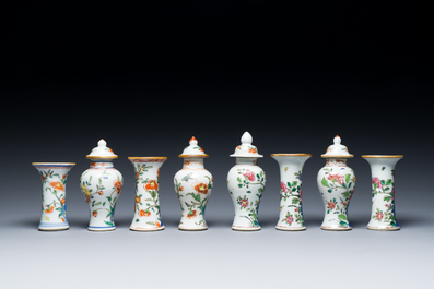 Eight small Chinese famille rose and verte vases and a larger square vase, Yongzheng/Qianlong