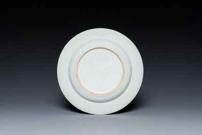 A Chinese 'mythological subject' grisaille plate and a relief-decorated famille rose 'insects' bowl, Qianlong
