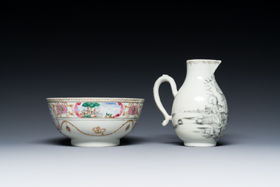 Een Chinese grisaille kan met 'De Opstanding' en een kom voor de Amerikaanse markt, Qianlong