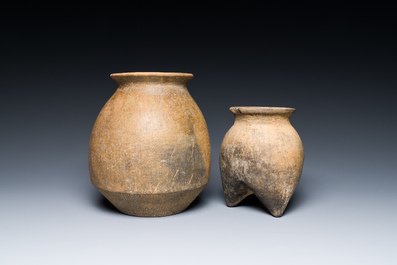 Two Chinese pottery storage or cooking vessels, 'Li', Neolithic period