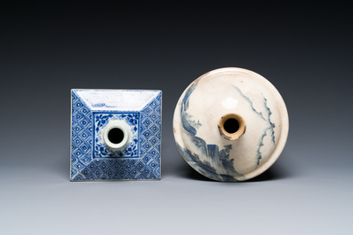 A Japanese blue and white Arita square flask and a Tangen-style bottle, 'tokkuri', Edo, 18/19th C.