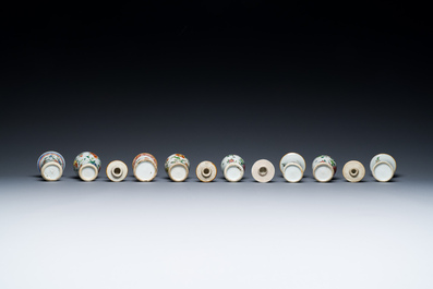 Eight small Chinese famille rose and verte vases and a larger square vase, Yongzheng/Qianlong