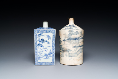 A Japanese blue and white Arita square flask and a Tangen-style bottle, 'tokkuri', Edo, 18/19th C.
