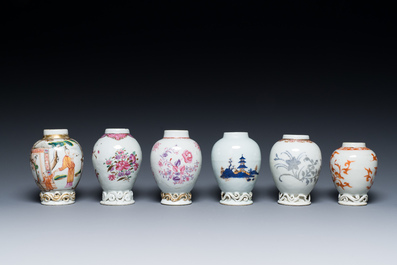 Zes Chinese famille rose, Imari-stijl en ijzerrode theebussen, Yongzheng/Qianlong