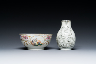 Een Chinese grisaille kan met 'De Opstanding' en een kom voor de Amerikaanse markt, Qianlong