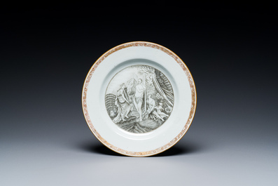 A Chinese 'mythological subject' grisaille plate and a relief-decorated famille rose 'insects' bowl, Qianlong