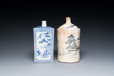 A Japanese blue and white Arita square flask and a Tangen-style bottle, 'tokkuri', Edo, 18/19th C.