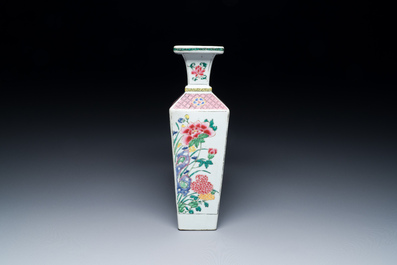 Eight small Chinese famille rose and verte vases and a larger square vase, Yongzheng/Qianlong
