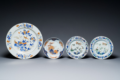 Three Chinese Imari-style and famille verte plates and a dish, Kangxi/Yongzheng