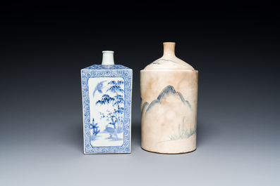 A Japanese blue and white Arita square flask and a Tangen-style bottle, 'tokkuri', Edo, 18/19th C.