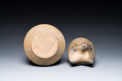 Two Chinese pottery storage or cooking vessels, 'Li', Neolithic period
