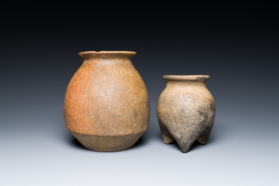 Two Chinese pottery storage or cooking vessels, 'Li', Neolithic period