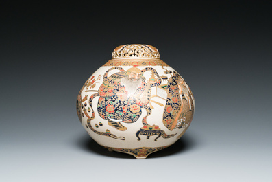 A Japanese Satsuma tripod koro with reticulated cover, Meiji, 19th C.