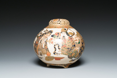 A Japanese Satsuma tripod koro with reticulated cover, Meiji, 19th C.