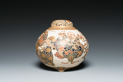 A Japanese Satsuma tripod koro with reticulated cover, Meiji, 19th C.