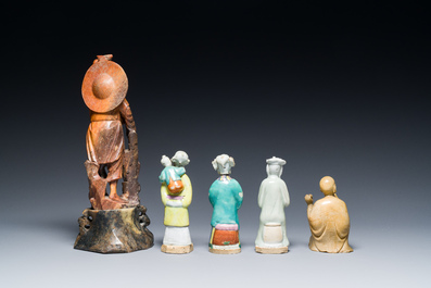 Two Chinese soapstone sculptures and three porcelain figures of ladies, Kangxi and later
